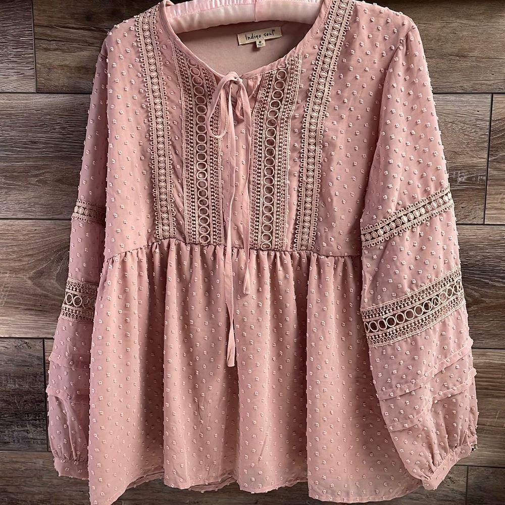 Indigo Soul Ladies Dusty Pink Boho Peasant Style Crochet Lace Blouse Size Medium